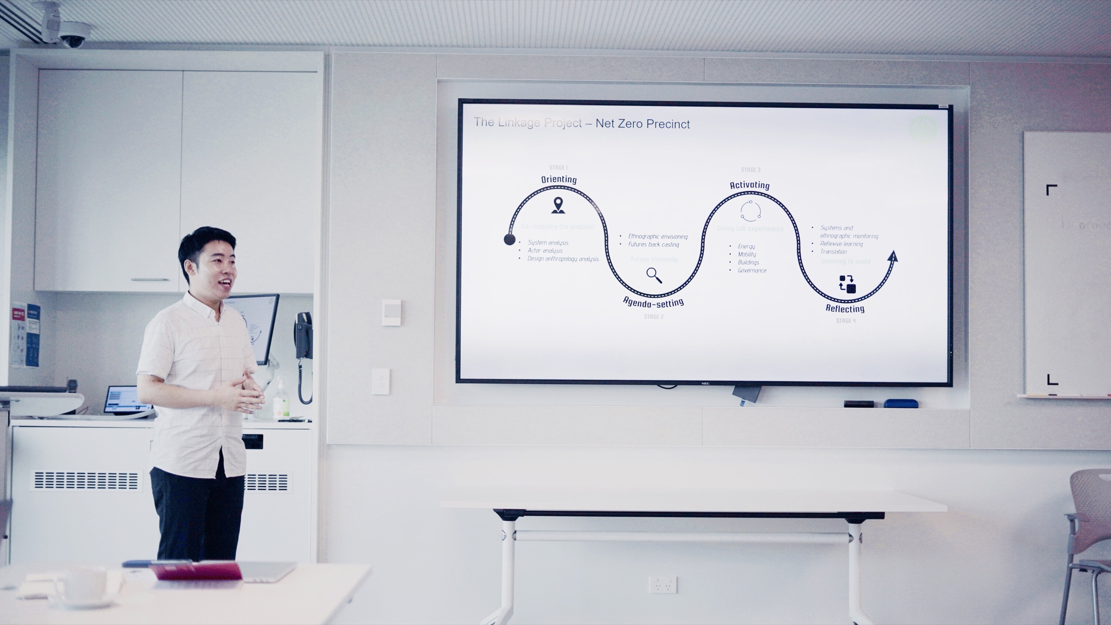 Chenlizhe presenting the Net Zero Precinct research framework in the Mobility Design Lab